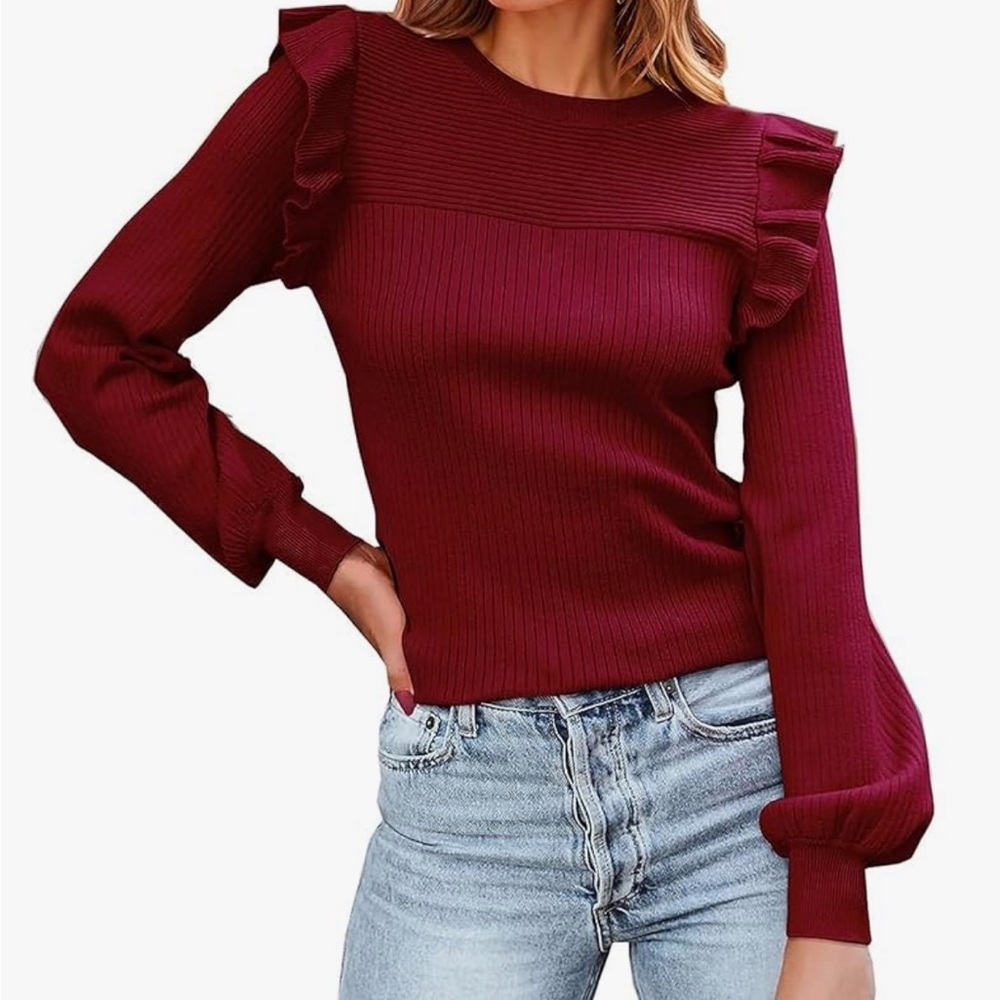Women's Ruffle Shoulder Long Sleeve Sweater Round Neck Slim Fit Small Wine Red